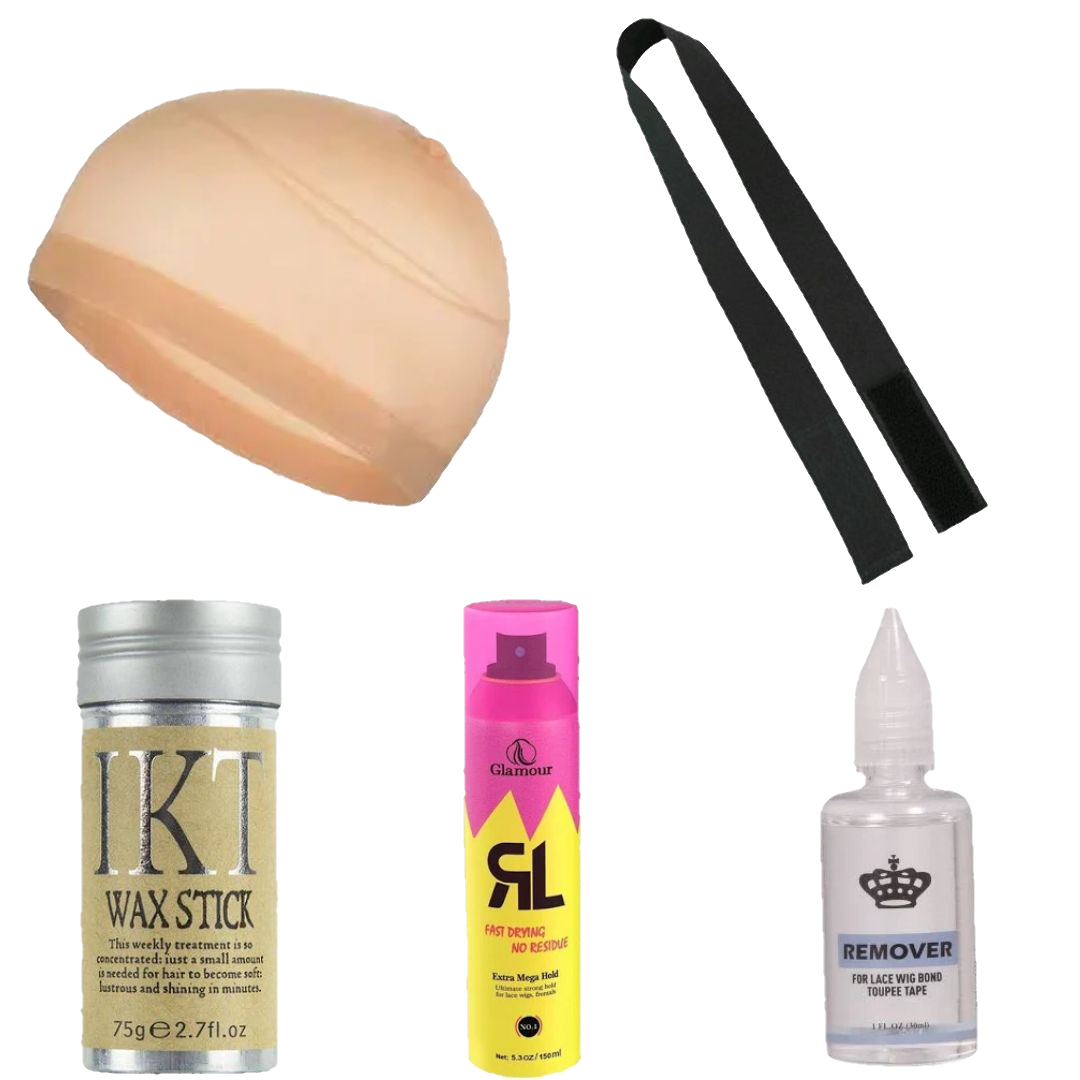 Elevate your hair game with our essential combo pack, including an Elastic Band, Wig Cap, Wax Stick, Glamour Spray, and Glue Remover. The perfect tools for effortless wig styling and maintenance.